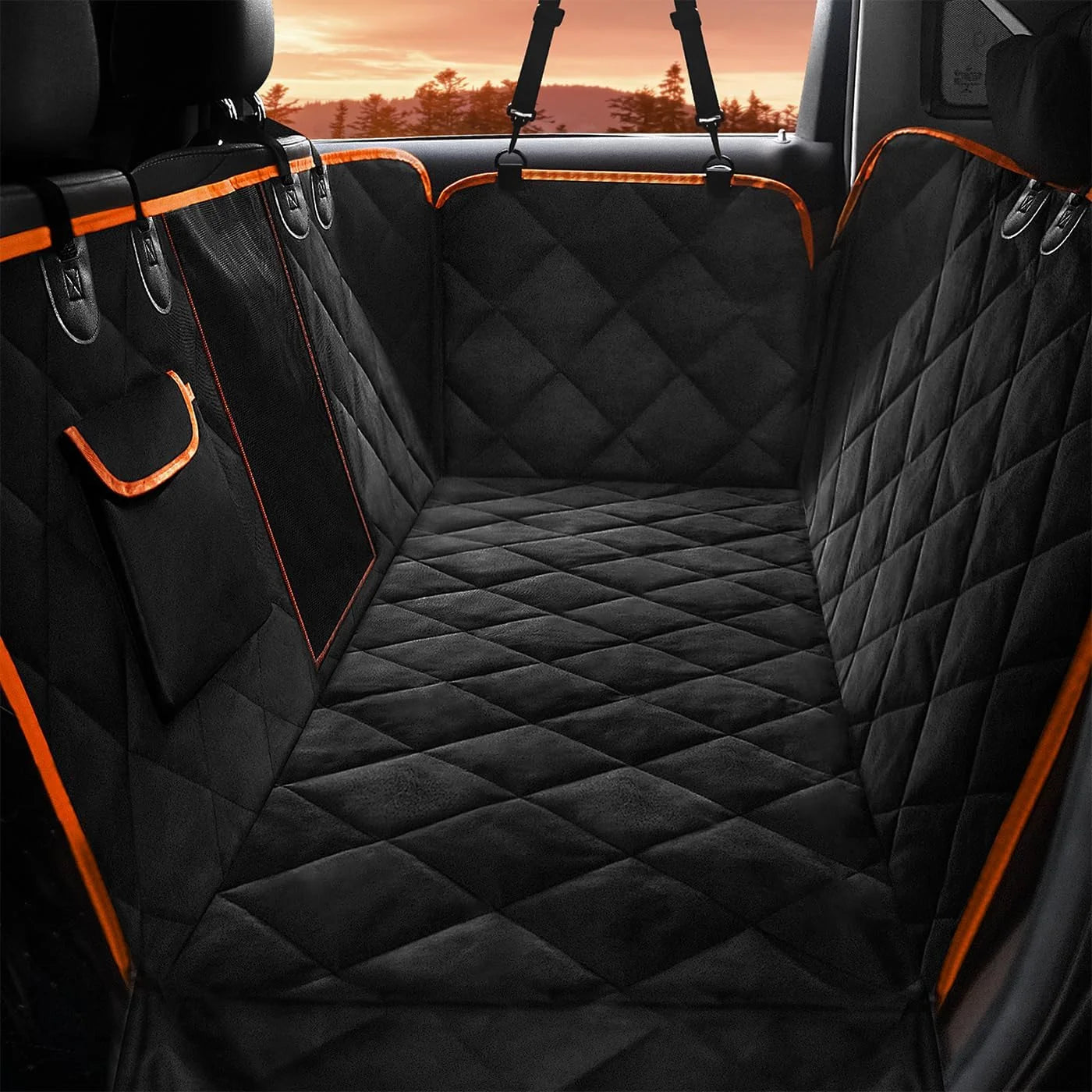 Dog Car Seat Cover, Waterproof Nonslip Pet Seat Cover for Back Seat with Storage Pockets Mesh Visual Window, Black Heavy Duty Scratchproof Pet Dog Seat Cover Hammock for Cars Trucks