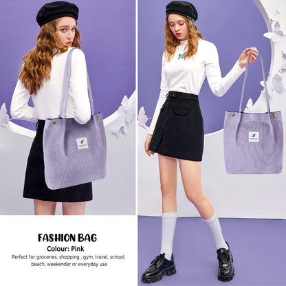 Corduroy Tote Bag for Women Canvas Shoulder Cord Purse with Inner Pocket
