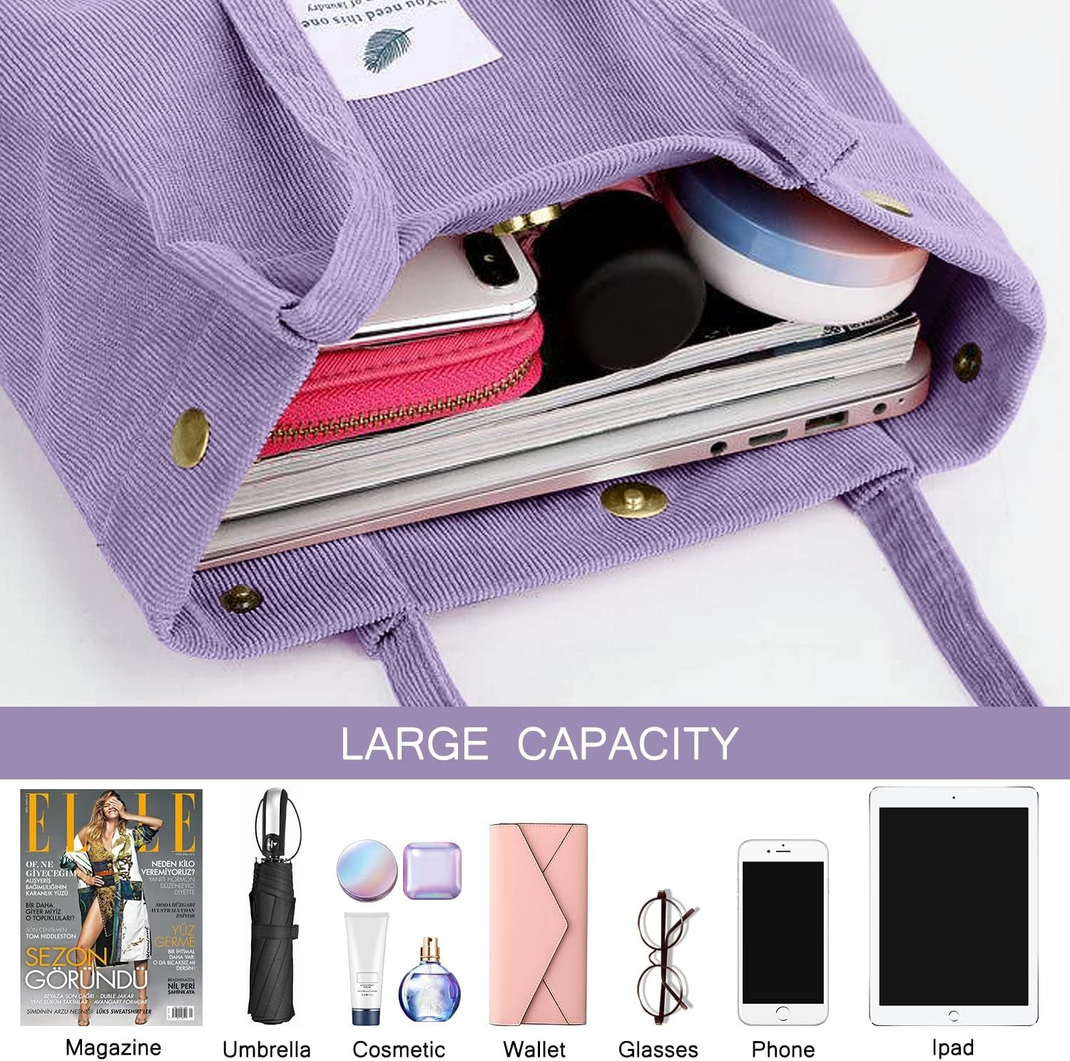 Corduroy Tote Bag for Women Canvas Shoulder Cord Purse with Inner Pocket