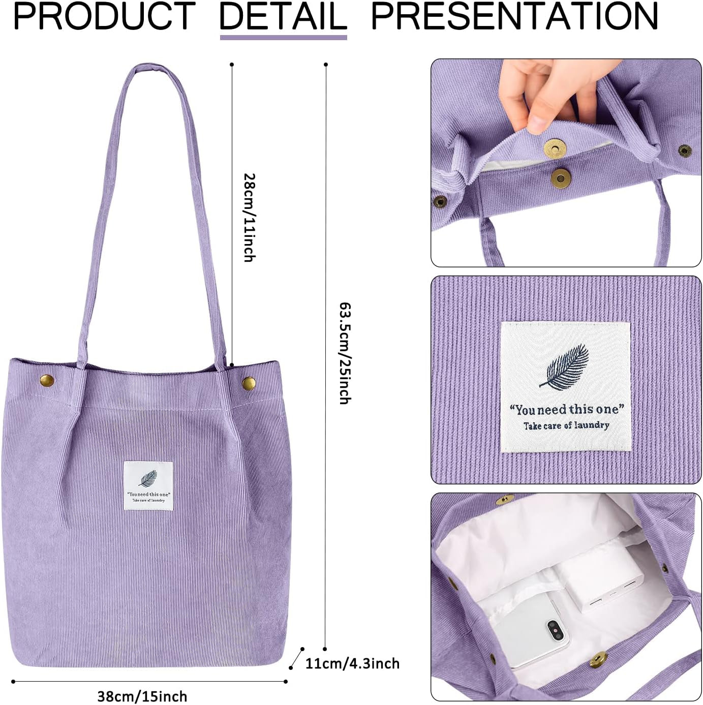 Corduroy Tote Bag for Women Canvas Shoulder Cord Purse with Inner Pocket