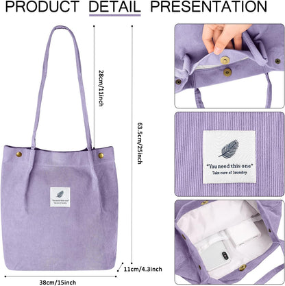 Corduroy Tote Bag for Women Canvas Shoulder Cord Purse with Inner Pocket