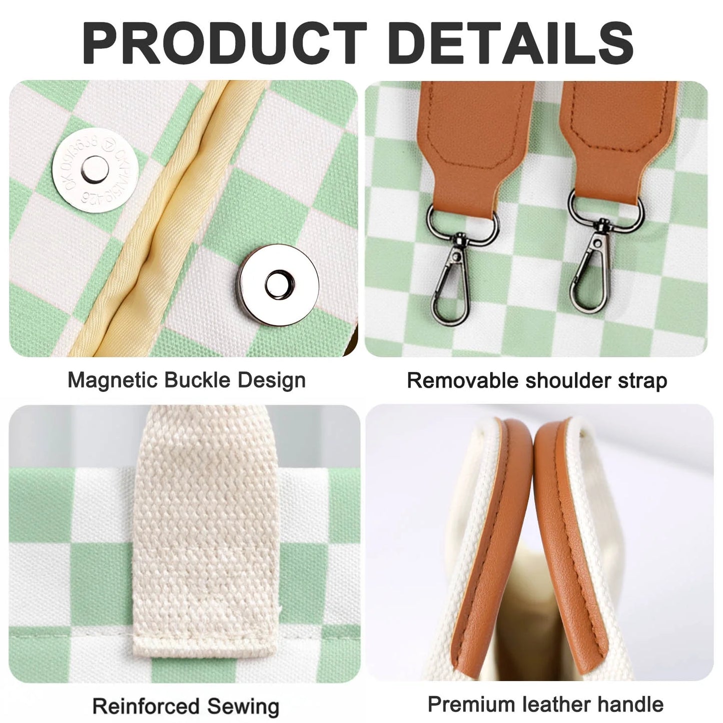 Canvas Tote Bag for Women, Large Multi-Pocket Shoulder Handbag, Crossbody Messenger Bag, Green Plaid