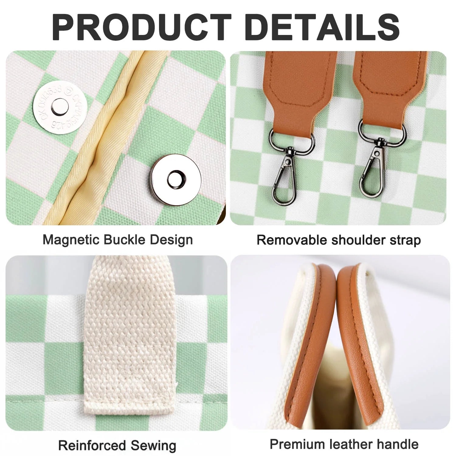 Canvas Tote Bag for Women, Large Multi-Pocket Shoulder Handbag, Crossbody Messenger Bag, Green Plaid