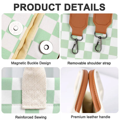 Canvas Tote Bag for Women, Large Multi-Pocket Shoulder Handbag, Crossbody Messenger Bag, Green Plaid