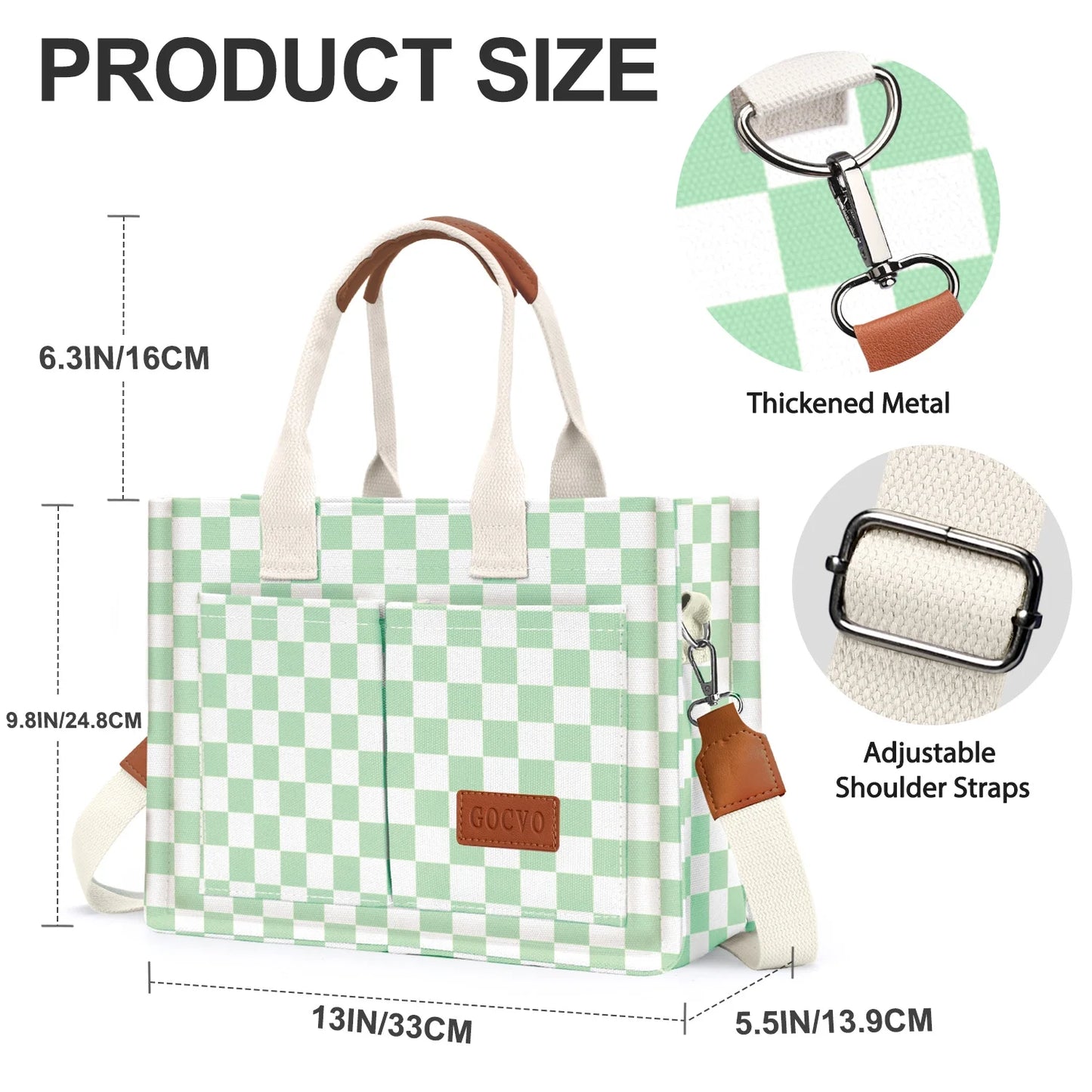 Canvas Tote Bag for Women, Large Multi-Pocket Shoulder Handbag, Crossbody Messenger Bag, Green Plaid