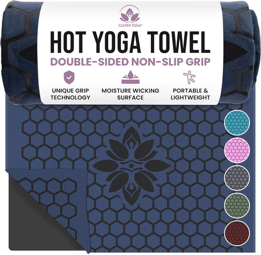 Hot Yoga Mat Towel – Non-Slip Grip for Hot Yoga, Sweat Absorbent, Honeycomb Silicone Grip, Stays Flat – Ideal for Pilates, Travel, Washable & Lightweight - Dark Blue