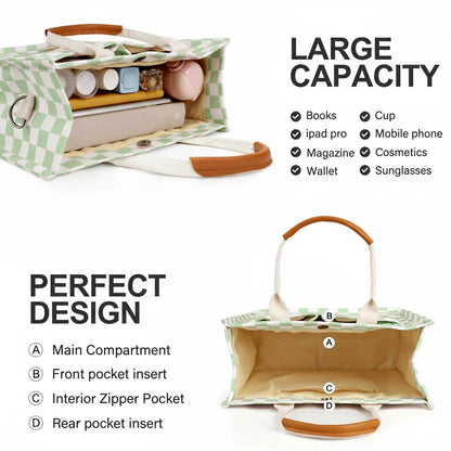 Canvas Tote Bag for Women, Large Multi-Pocket Shoulder Handbag, Crossbody Messenger Bag, Green Plaid