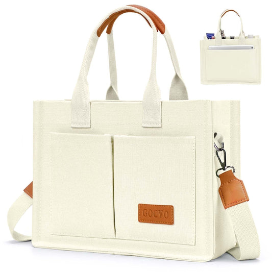 Canvas Tote Bag for Women, Large Multi-Pocket Handbags for Woman, Crossbody Canvas Bag, Beige