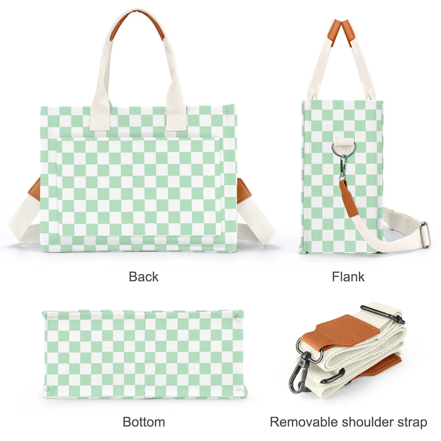 Canvas Tote Bag for Women, Large Multi-Pocket Shoulder Handbag, Crossbody Messenger Bag, Green Plaid