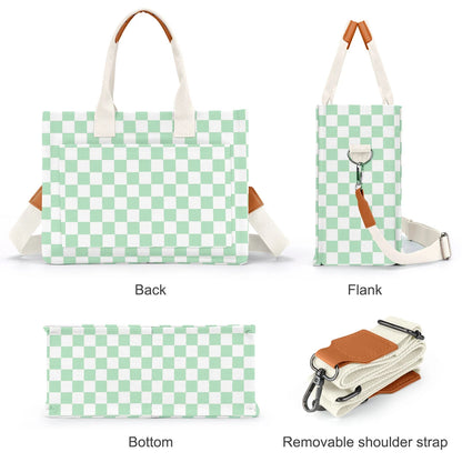 Canvas Tote Bag for Women, Large Multi-Pocket Shoulder Handbag, Crossbody Messenger Bag, Green Plaid
